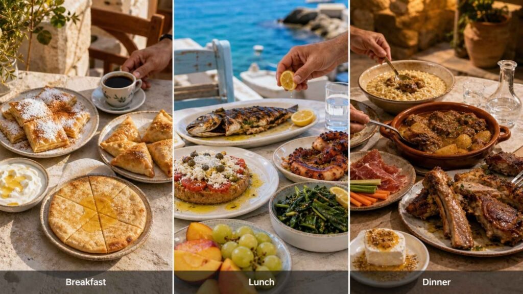 Three-panel collage showing a traditional Cretan breakfast, a light coastal lunch, and a generous village-style dinner.