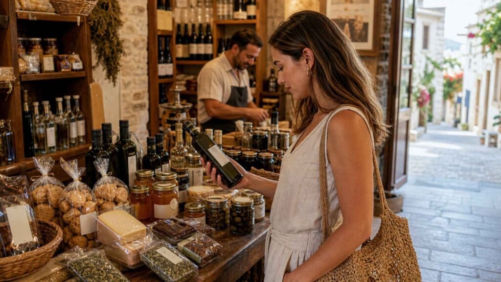 Traveler browsing olive oil, honey, barley rusks, Graviera, olives, herbs, wine, and other products in a Cretan food shop.