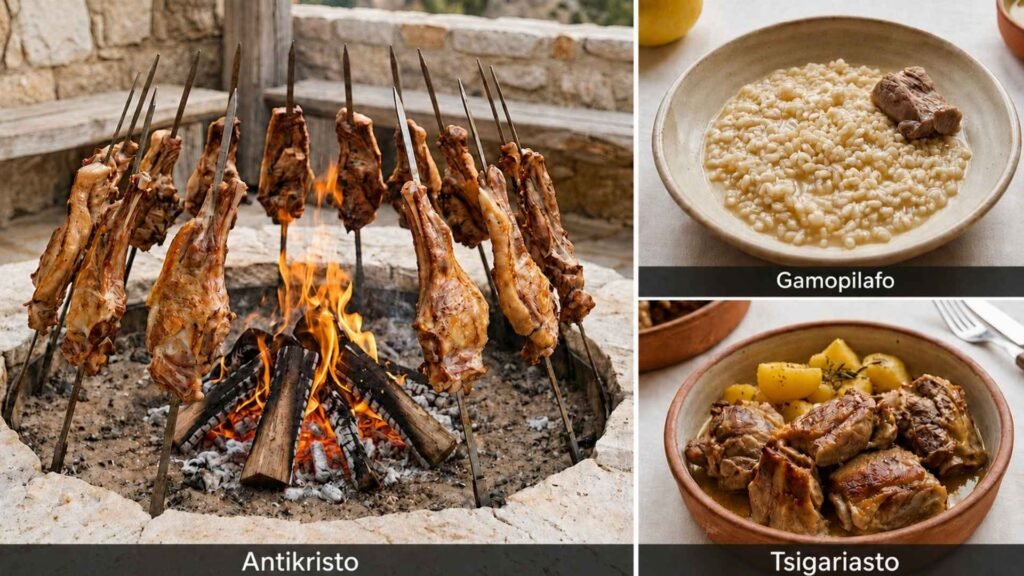 Three-panel collage showing antikristo roasting around a fire, creamy gamopilafo, and slow-cooked tsigariasto.
