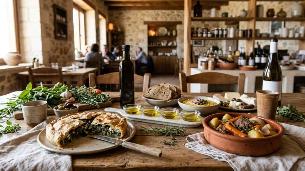 Cretan Slow Food table with wild greens pie, olive oil tasting and local ingredients