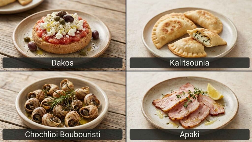 Four-panel collage featuring dakos, kalitsounia, chochlioi boubouristi, and apaki served in traditional Cretan style.