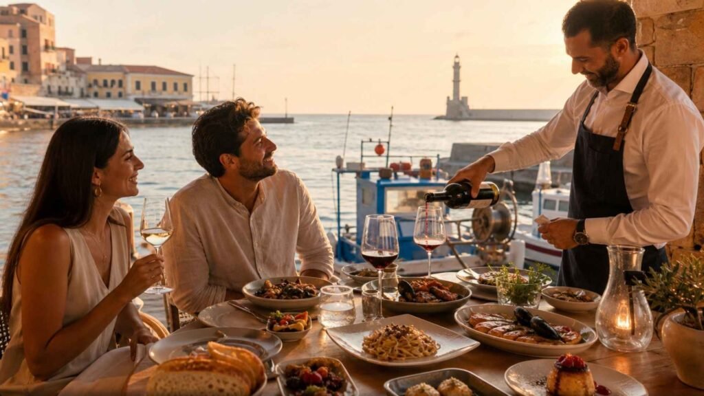 Sommelier serving Cretan wine to guests enjoying Mediterranean cuisine and seafood at a waterfront restaurant overlooking Chania's Venetian Harbor.
