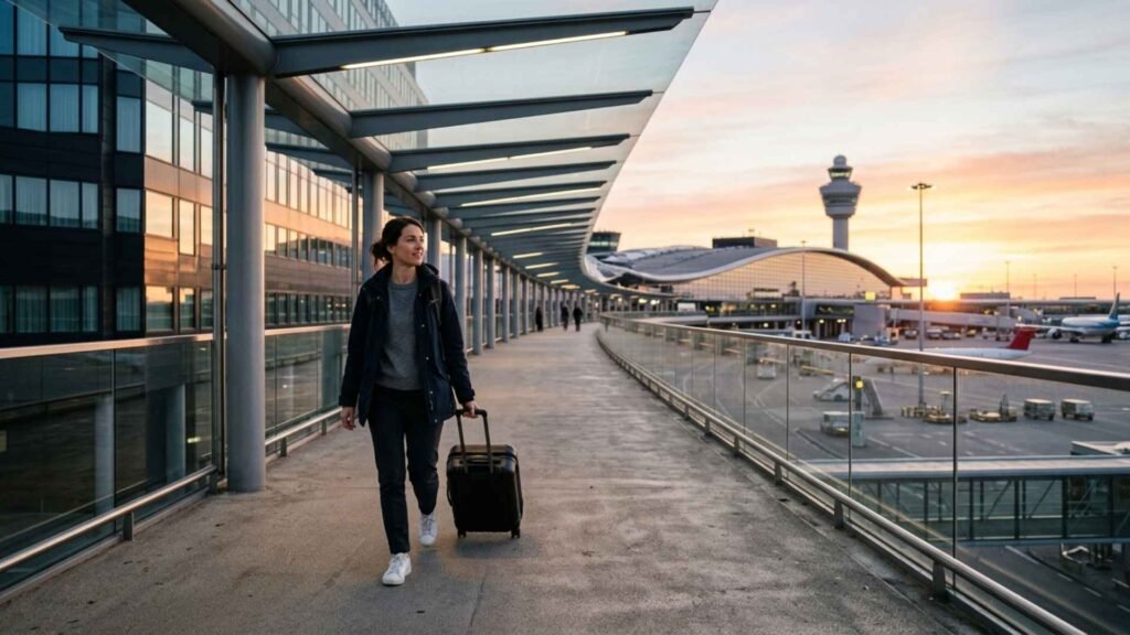 A traveler walking with a suitcase from an airport hotel toward Amsterdam Schiphol Airport terminal before an early morning flight.