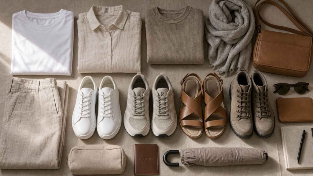 Seasonal travel essentials featuring the best shoes for Europe with sneakers, sandals, walking shoes, boots, and coordinated clothing.