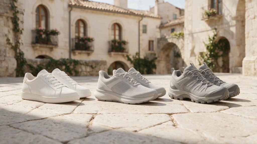 Side-by-side comparison of white sneakers, walking shoes, and lightweight hiking shoes on a historic European stone street.