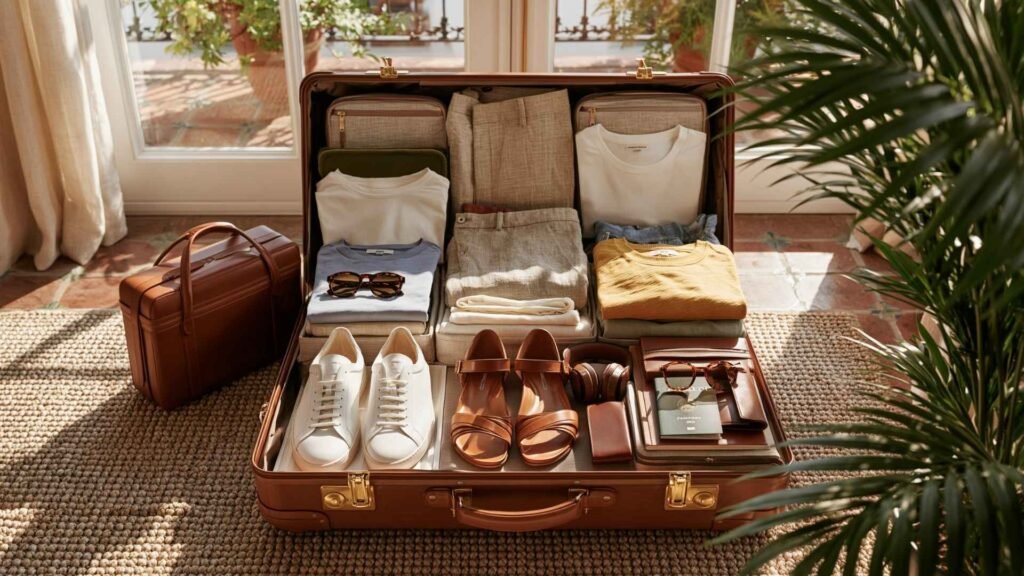 Neatly packed suitcase showing white sneakers, leather sandals, and travel essentials for a minimalist Europe trip.