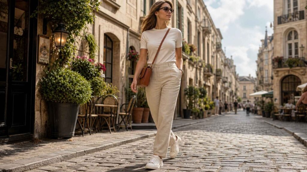 Traveler wearing premium white leather sneakers while walking through a historic European city during a summer sightseeing trip.