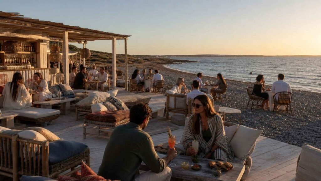 Couple enjoying cocktails at Experimental Beach beside the pebbled Es Codolar coastline during golden hour