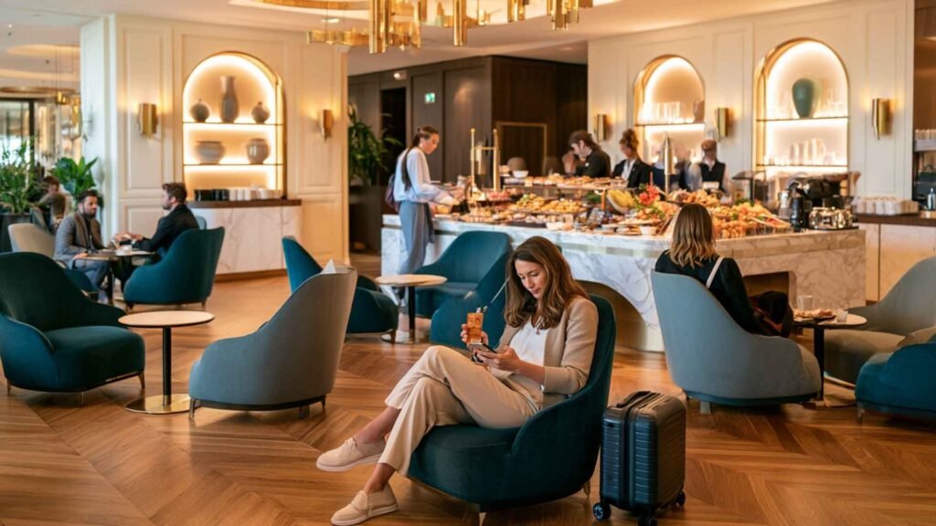 Extime Lounge Terminal 1 at Paris CDG with teal seating, a self-service buffet and international travellers relaxing