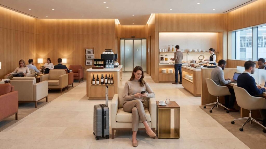 Extime Lounge at Paris CDG Terminals 2B and 2D with comfortable seating, buffet dining, workspaces and charging points
