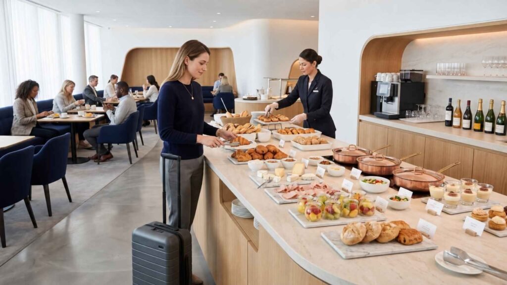 Food and drink in a Paris CDG lounge with French pastries, cheeses, fruit, hot dishes and self-service beverages