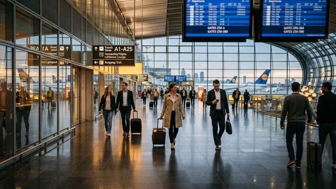 Frankfurt Airport transit passengers walking through a modern international terminal during a connections