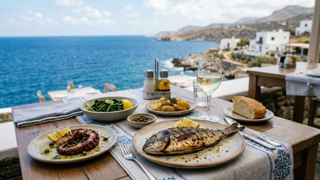 Grilled Mediterranean fish and octopus served at a table overlooking the sea