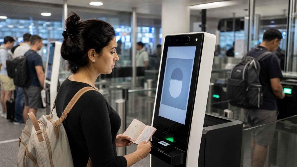Germany EES requirements shown by a traveler scanning her passport at a biometric border kiosk in 2026.
