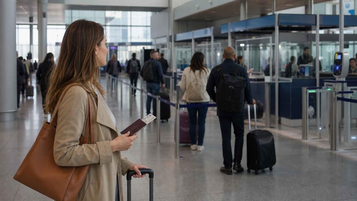 Germany Entry Requirements 2026 represented by a female traveler holding her passport at airport border control.