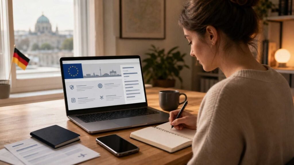 Germany ETIAS requirements in 2026 represented by a traveler researching future European entry rules online.