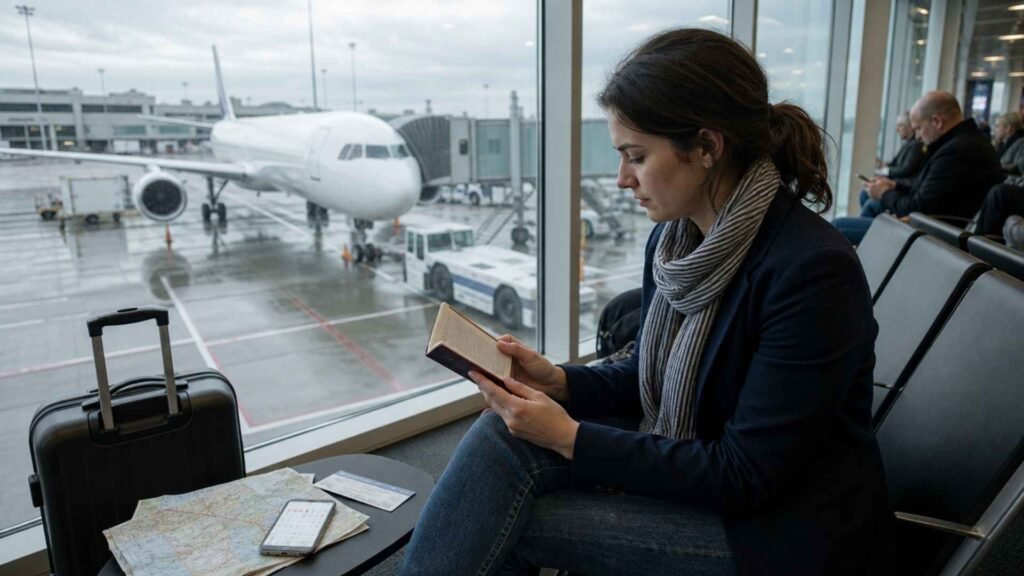 Germany passport requirements shown by a young non-EU traveler checking her passport before departure.