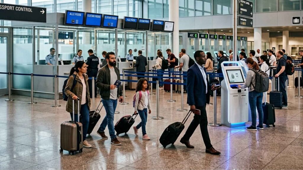 International travelers approaching passport control after arriving in Germany from outside the Schengen Area.