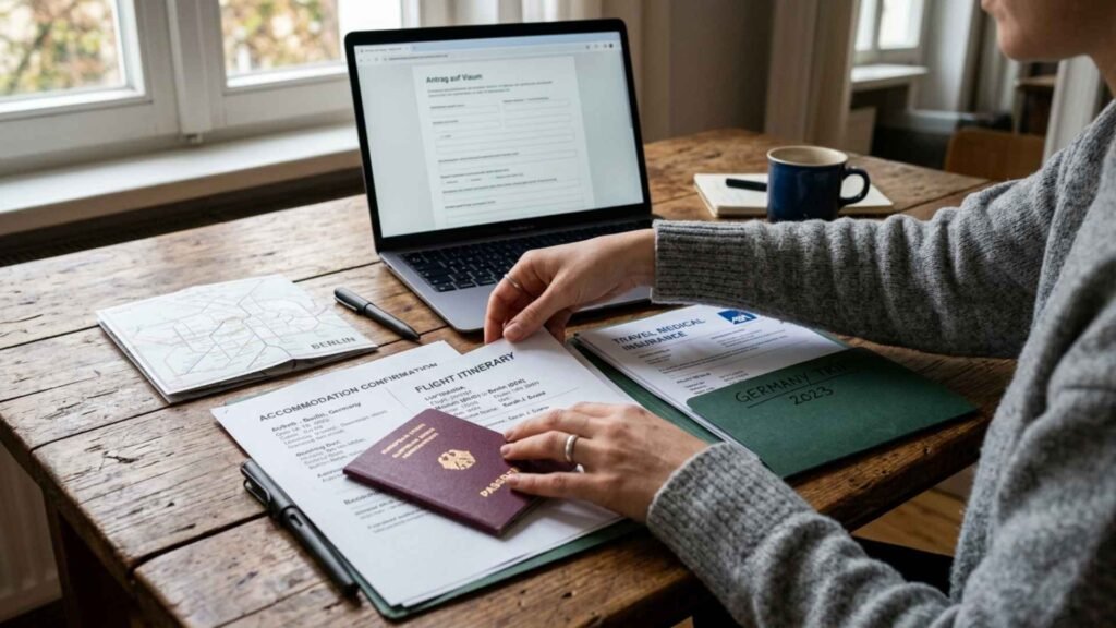 Germany visa requirements represented by a traveler reviewing a passport and supporting documents online.