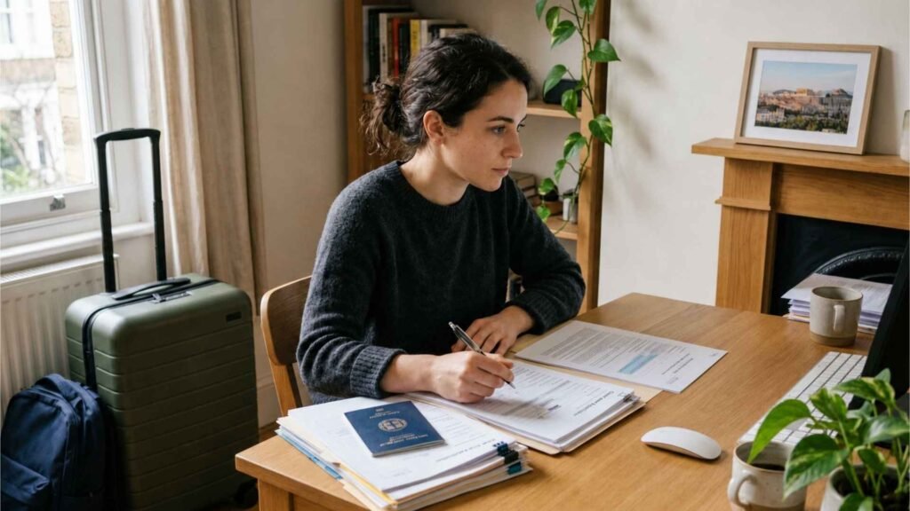 Greece Digital Nomad Visa applicant preparing documents and luggage before completing the updated consular process in 2026