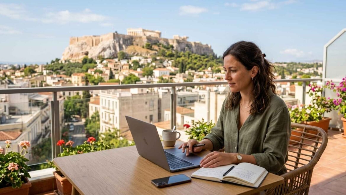 Greece Digital Nomad Visa applicant working remotely from a sunny terrace overlooking the Acropolis in Athens