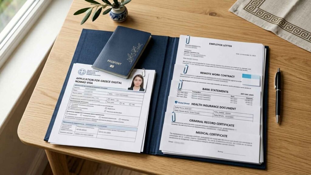 Passport and supporting documents prepared for a Greece Digital Nomad Visa application, including financial and employment records