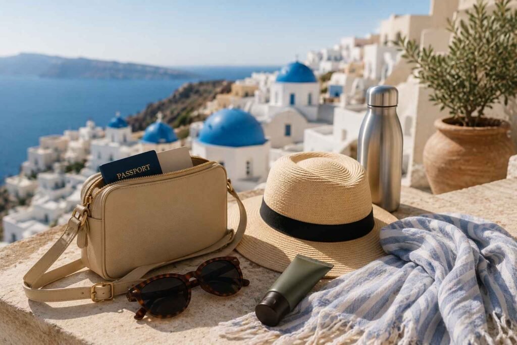 Travel accessories for Greece including a crossbody bag, sun hat, sunglasses, reusable water bottle, and lightweight scarf overlooking Santorini.
