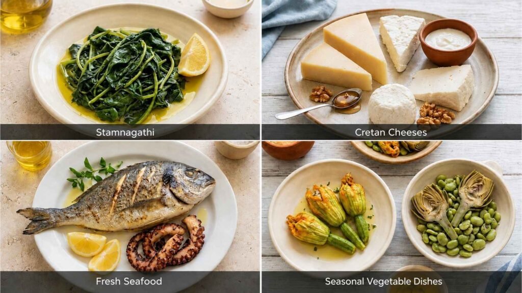 Four-panel collage showing stamnagathi, Cretan cheeses, fresh seafood, and seasonal vegetable dishes from Crete.