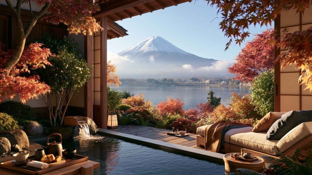Traditional ryokan with a private outdoor onsen overlooking Mount Fuji and Lake Kawaguchi, surrounded by colorful autumn foliage in Hakone.