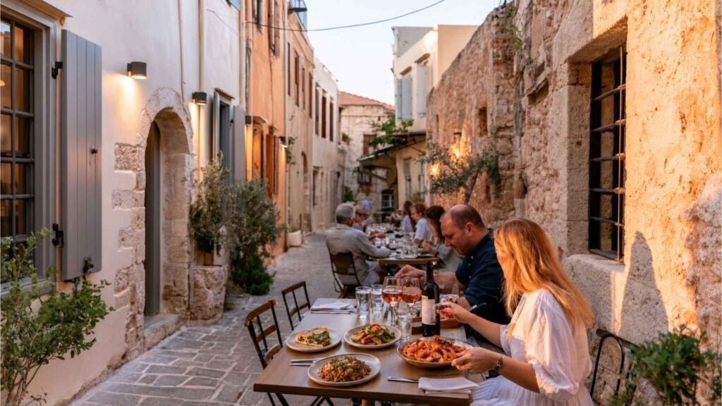 Diners sharing contemporary Greek dishes at an intimate restaurant in Rethymno Old Town