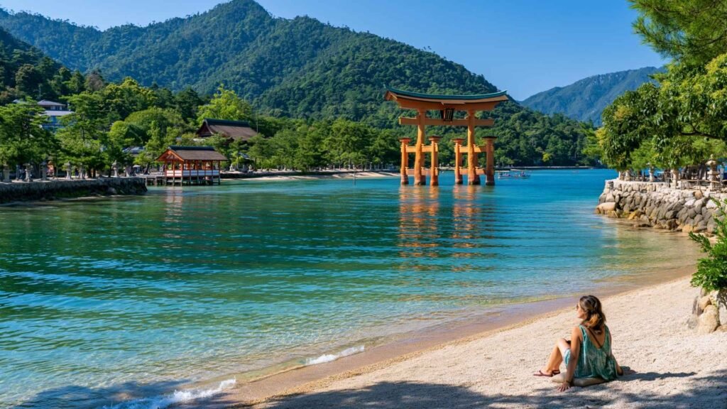 Hiroshima and Miyajima itinerary featuring the famous floating torii gate of Itsukushima Shrine beside the peaceful shoreline.