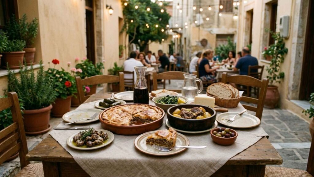 Traditional Cretan meal with meat pie, snails, dolmadakia and slow-cooked meat