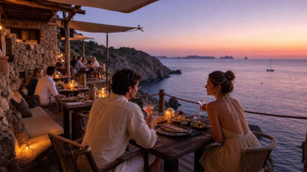 Couple enjoying a romantic sunset dinner on the rustic seaside terrace at Hostal La Torre Ibiza