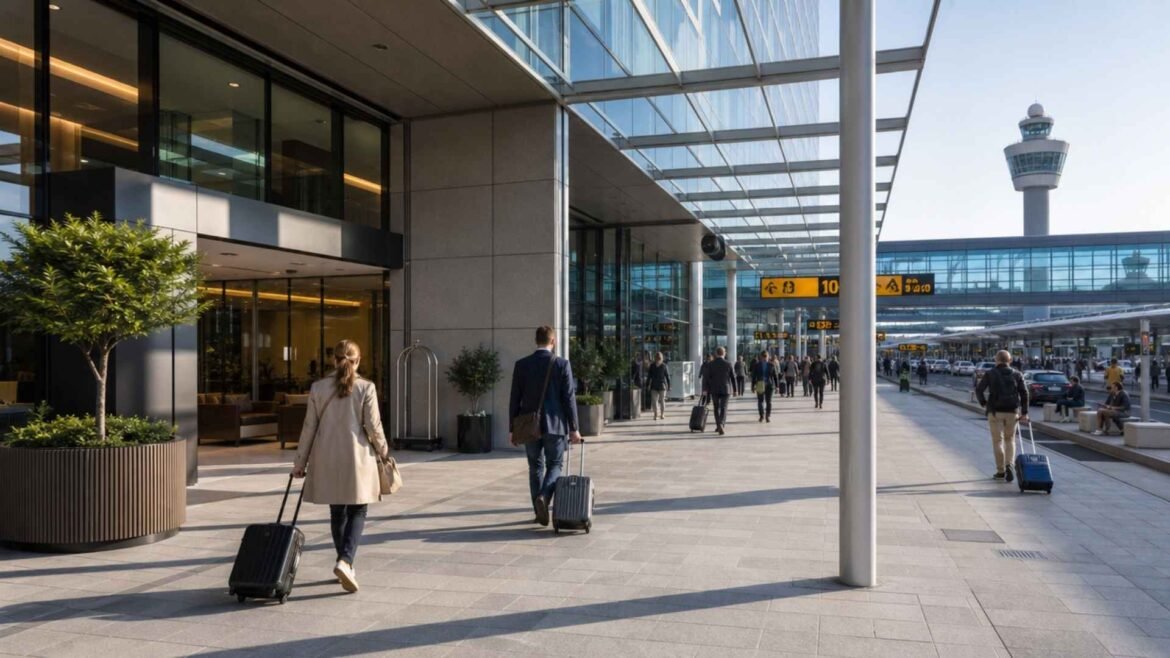 Hotels Near Amsterdam Schiphol Airport showing travelers walking between a premium airport hotel and the terminal via a covered pedestrian walkway.