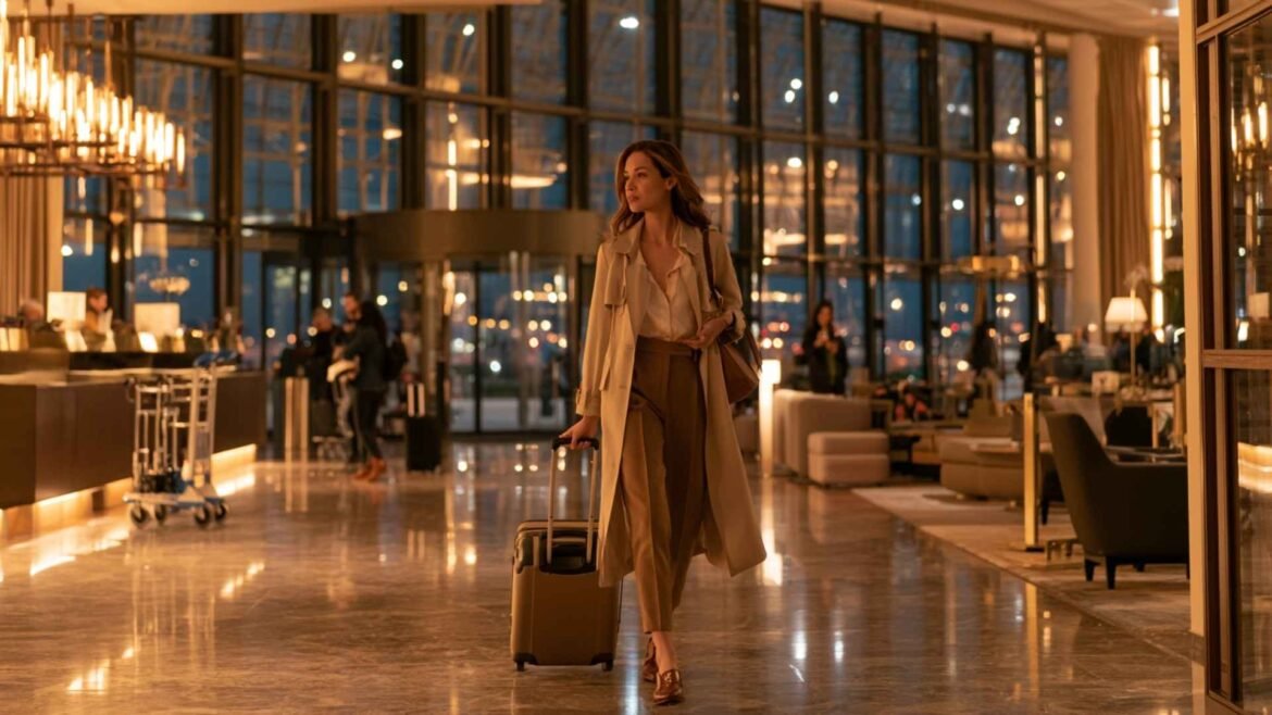 Hotels near Paris CDG Airport with a female traveler arriving with her suitcase in a modern airport hotel lobby