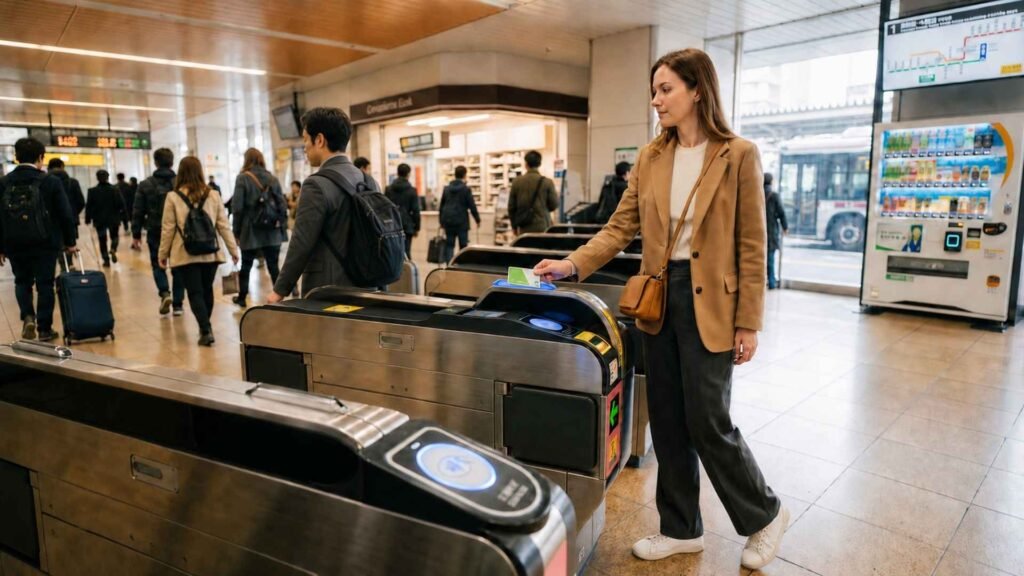 Female traveler tapping a Japan IC Card at a station ticket gate as commuters pass through adjacent gates in the same direction.