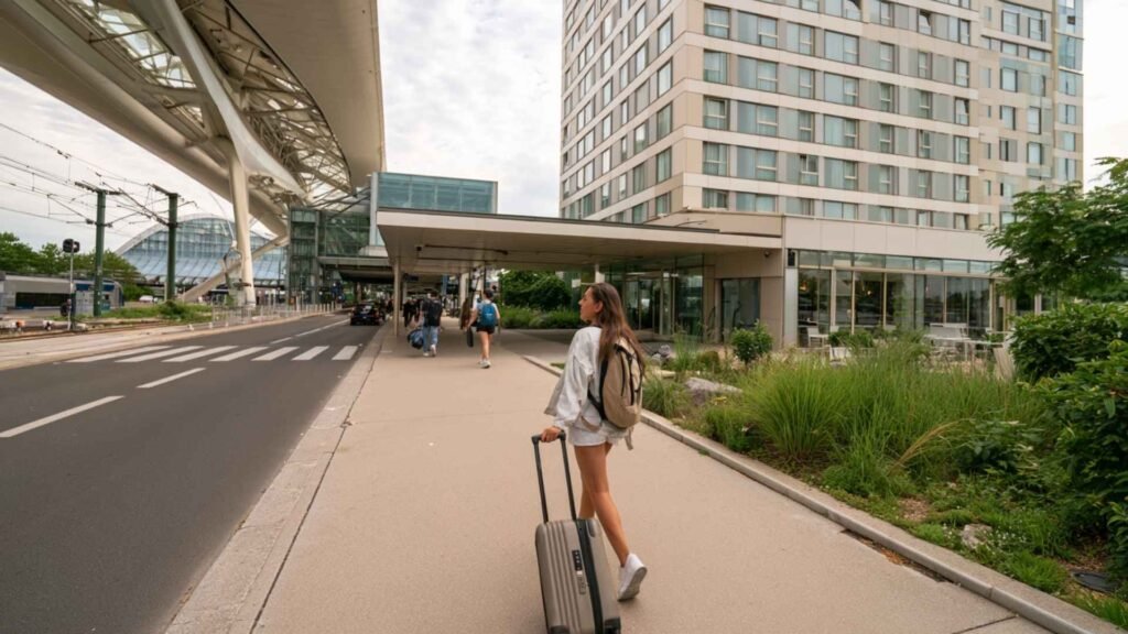 Female traveler walking with a suitcase toward a convenient budget airport hotel near Paris CDG Terminal 3