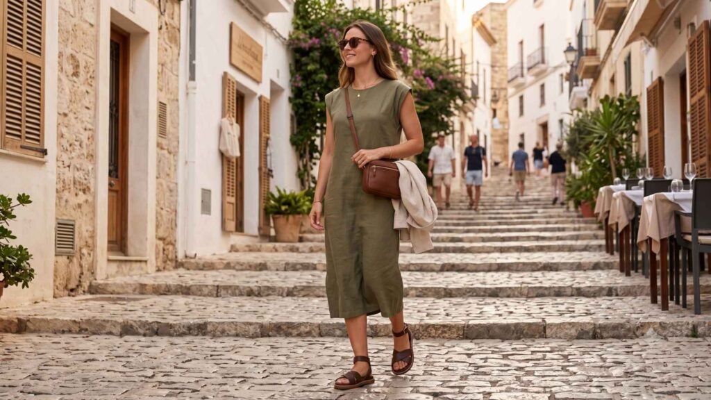 Woman wearing an olive midi outfit and supportive flat sandals while walking through the stone streets of Ibiza Old Town