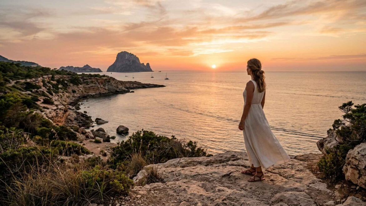 Ibiza Sunset over Es Vedrà with a female traveler overlooking the Mediterranean from a scenic coastal viewpoint