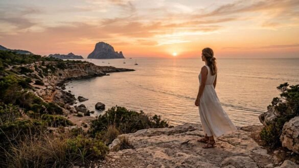 Ibiza Sunset over Es Vedrà with a female traveler overlooking the Mediterranean from a scenic coastal viewpoint