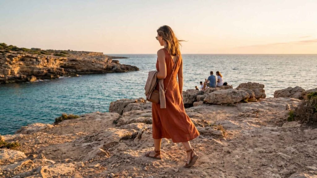 Woman in a terracotta midi dress and flat sandals walking across a rocky Ibiza viewpoint at sunset