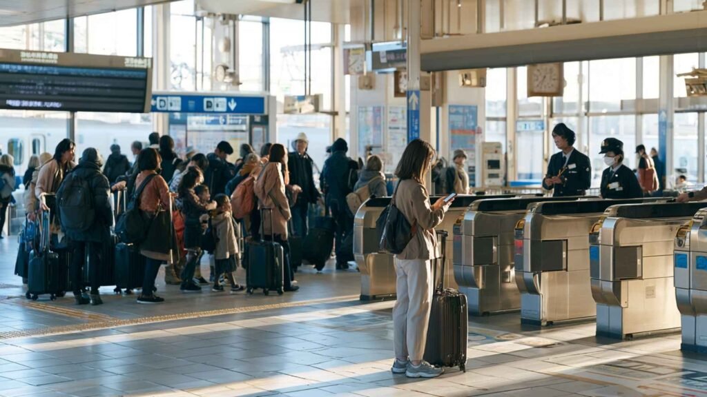 A female traveler checks her phone amid families, passengers, and luggage at a busy Japanese Shinkansen station.