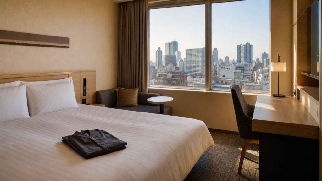 Modern business hotel room in Japan with a comfortable bed, workspace, and large city-view window for practical urban stays.