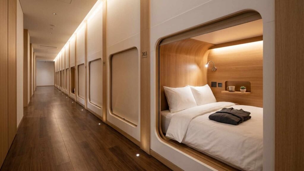 Modern Japanese capsule hotel featuring a clean sleeping pod with soft lighting, comfortable bedding, and minimalist interior design.