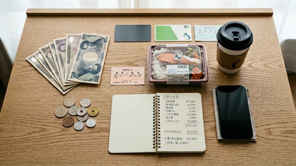 Japanese yen, food, transit card, smartphone, and travel essentials representing a realistic daily travel budget in Japan.