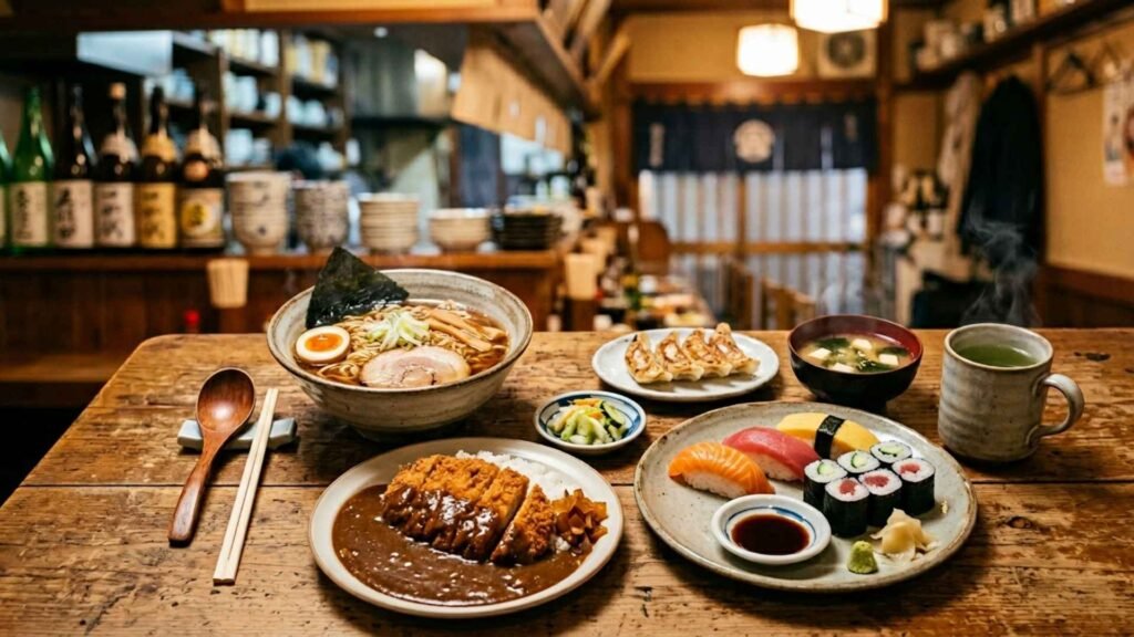 Traditional Japanese meals including ramen, curry rice, sushi, gyoza, and miso soup served at a local restaurant in Japan.