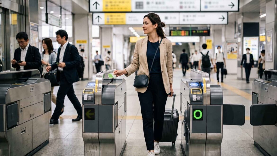 Japan IC Card used by a female traveler at an automatic ticket gate inside a modern Japanese railway station.