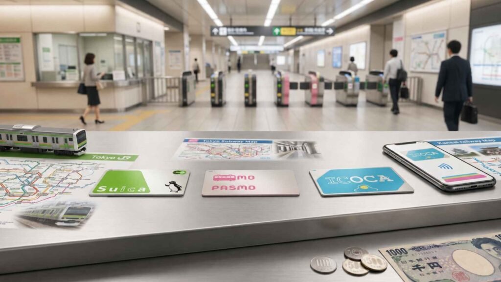 Japan IC Card comparison showing Suica, PASMO and ICOCA beside regional railway maps in a Japanese train station.