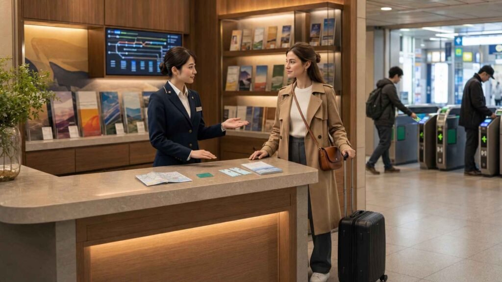 Traveler comparing a Japan IC Card and Japan Rail Pass tickets with an attendant at a Japanese railway information counter.