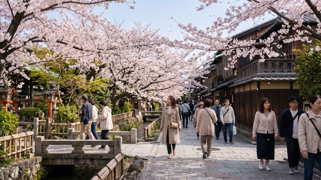 A female traveler walks beside a Kyoto canal beneath cherry blossoms during Japan’s busy peak spring travel season.